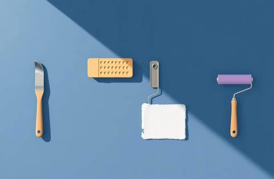 Outils de peinture disposés dans l'ordre des étapes du chantier