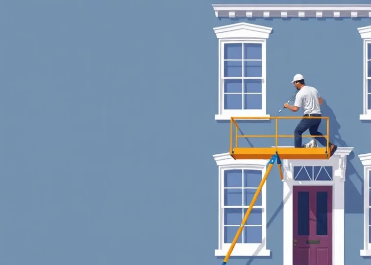Peintre sur échafaudage traitant la façade d'une maison